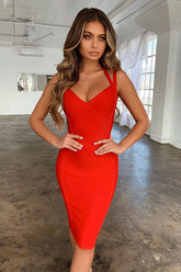 Einzigartiges Neckholder-Bandage-Cocktailparty-Kleid in Midilänge mit figurbetontem Schnitt - Rot